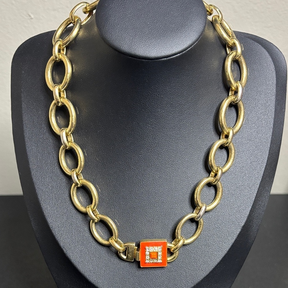 Banana Republic Gold Tone Chain Link Necklace Orange Enamel & Rhinestones